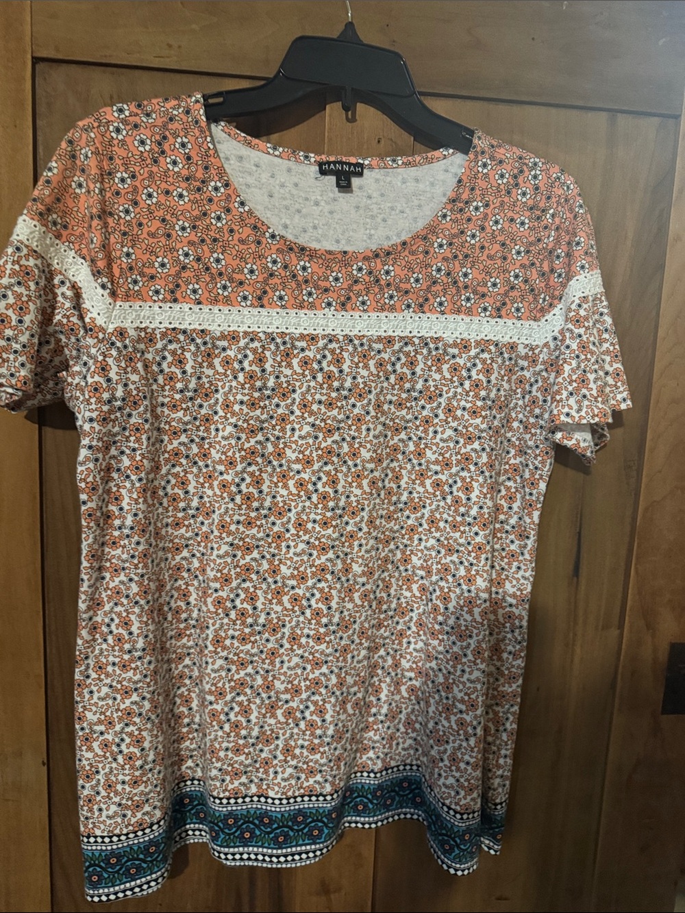 Hannah Women's Orange Floral Crochet-Trim Short Sleeve Tee